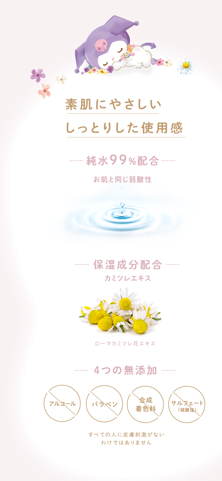 素肌にやさしいしっとりした使用感純水99%配合・お肌と同じ弱酸性保湿成分配合カミツレエキスローマカミツレ花エキス4つの無添加すべての人に皮膚刺激がないわけではありません