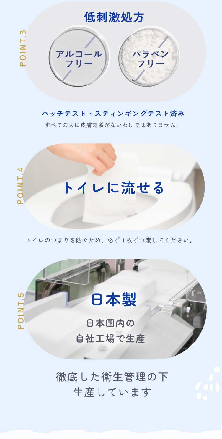 製品特長 純水99％配合 しっとり拭き心地 低刺激処方 トイレに流せる 日本製