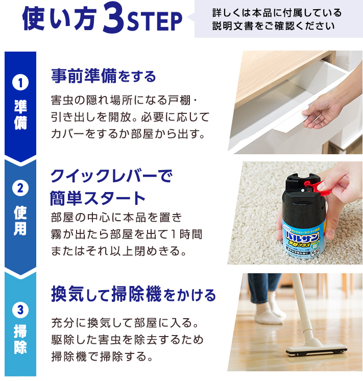 使い方 3STEP
詳しくは本品に付属している説明文書をご確認ください事前準備をする害虫の隠れ場所になる戸棚・引き出しを開放。必要に応じてカバーをするか部屋から出す。