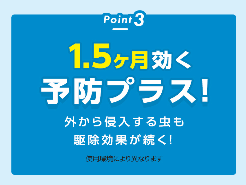 Point 3
1.5ヶ月効く予防プラス！外から侵入する虫も駆除効果が続く！使用環境により異なります