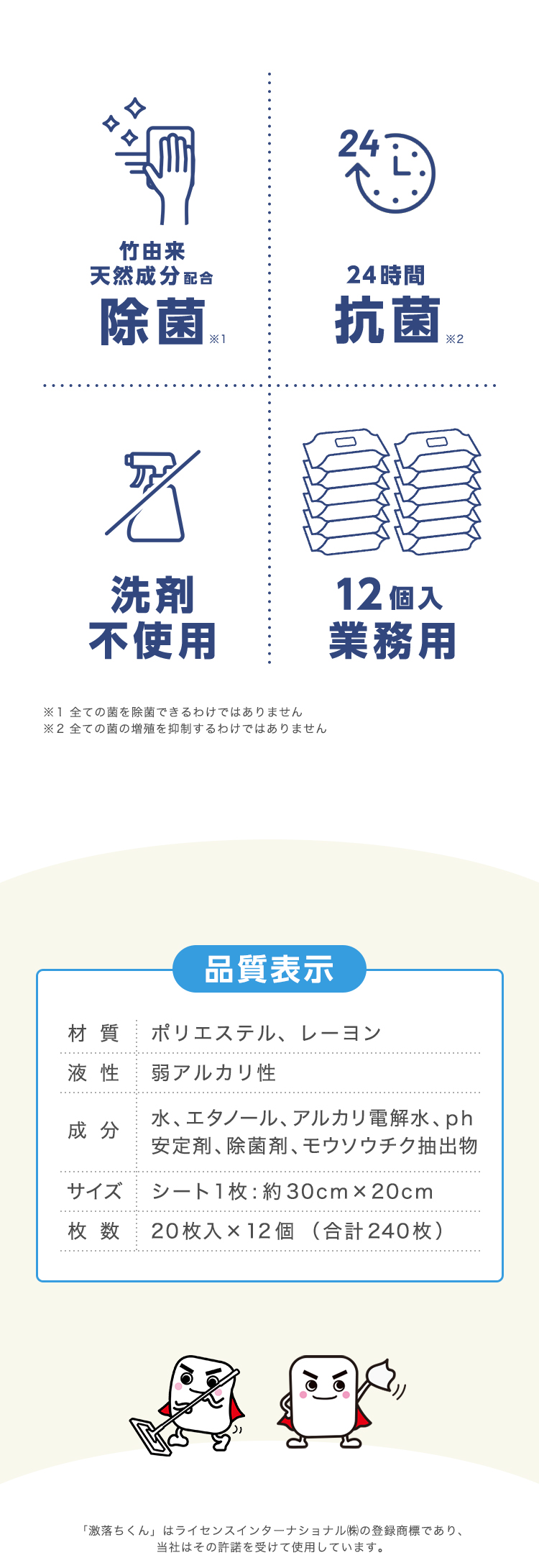 竹由来点線成分配合 除菌、24時間抗菌、洗剤不使用、業務用12個入、品質表示