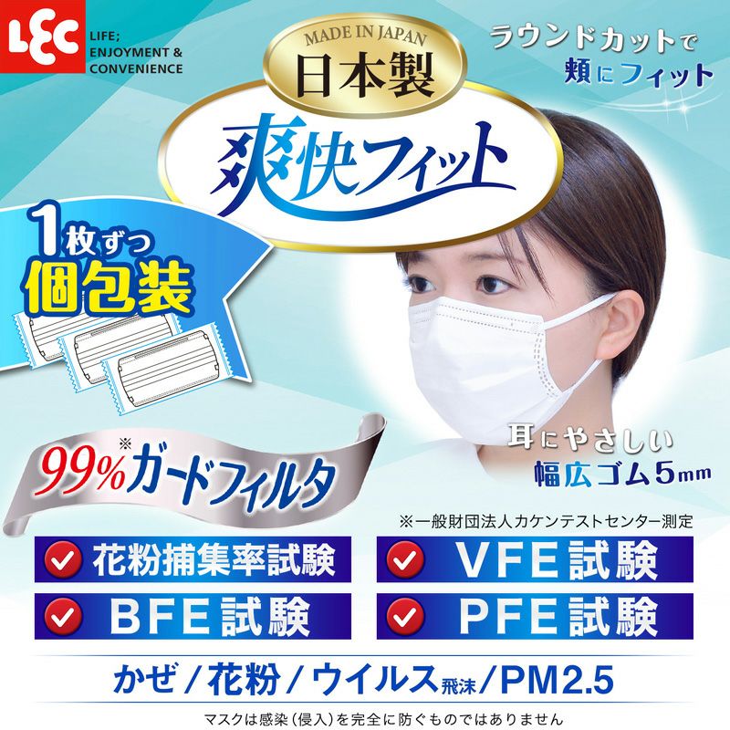 日本製 爽快フィット 不織布 マスク 90枚入 (30枚×3箱) 個装パッケージ入