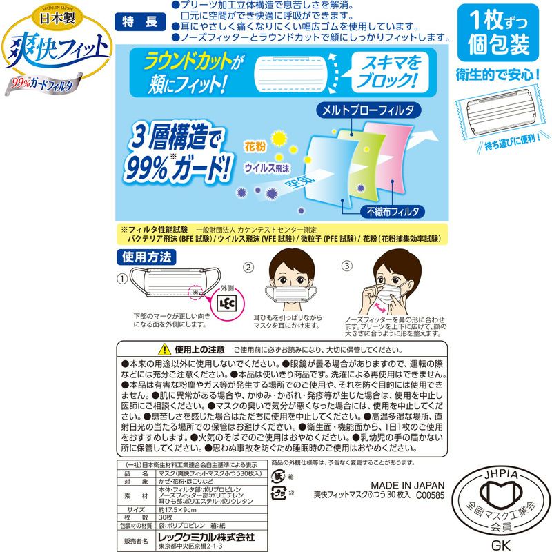 日本製 爽快フィット 不織布 マスク 90枚入 (30枚×3箱) 個装パッケージ入