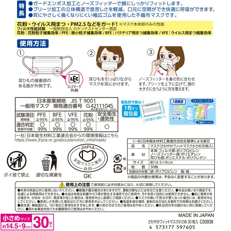 日本製 さわやかフィット 不織布マスク 小さめ 個包装 30枚入
