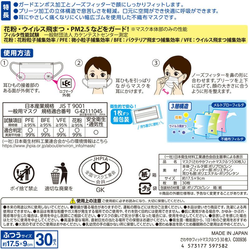 日本製 さわやかフィット 不織布マスク ふつう 個包装 30枚入