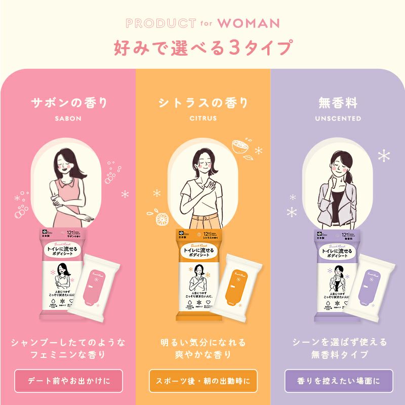 SmartReset 男性用 流せる ボディシート 無香料 12枚入 | レック