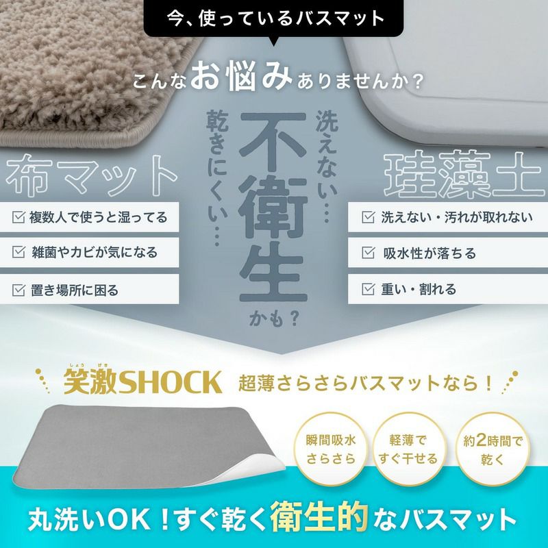 笑激SHOCK 超薄 さらさら バスマット グレー