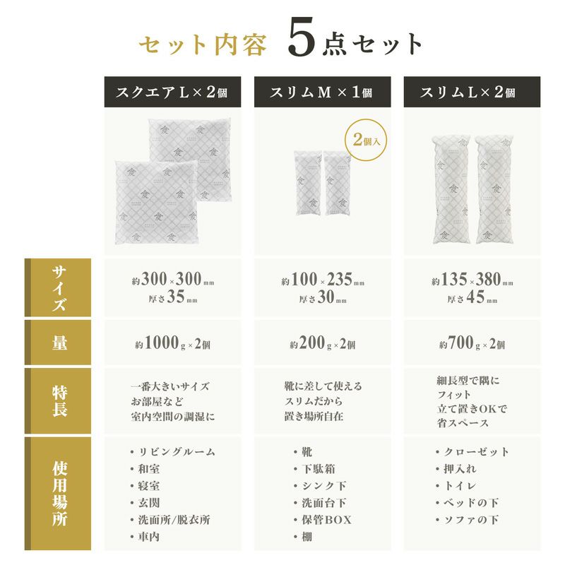 調湿・消臭木炭 本家炭屋 スクエアタイプL×2個 スリムタイプM×1個 スリムタイプL×2個